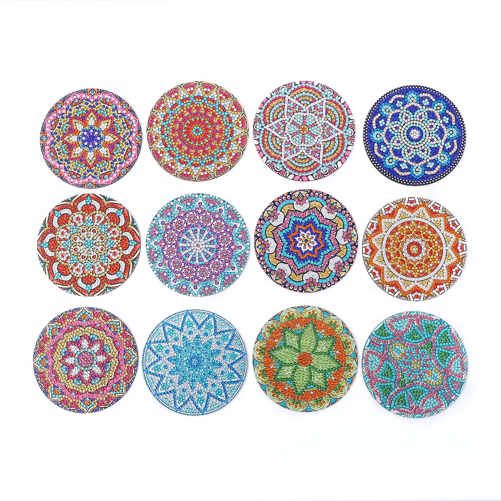 12 Pieces of round Mandala Pattern Artificial Diamond Painted Wooden Wooden Table Art Coaster with Bracket