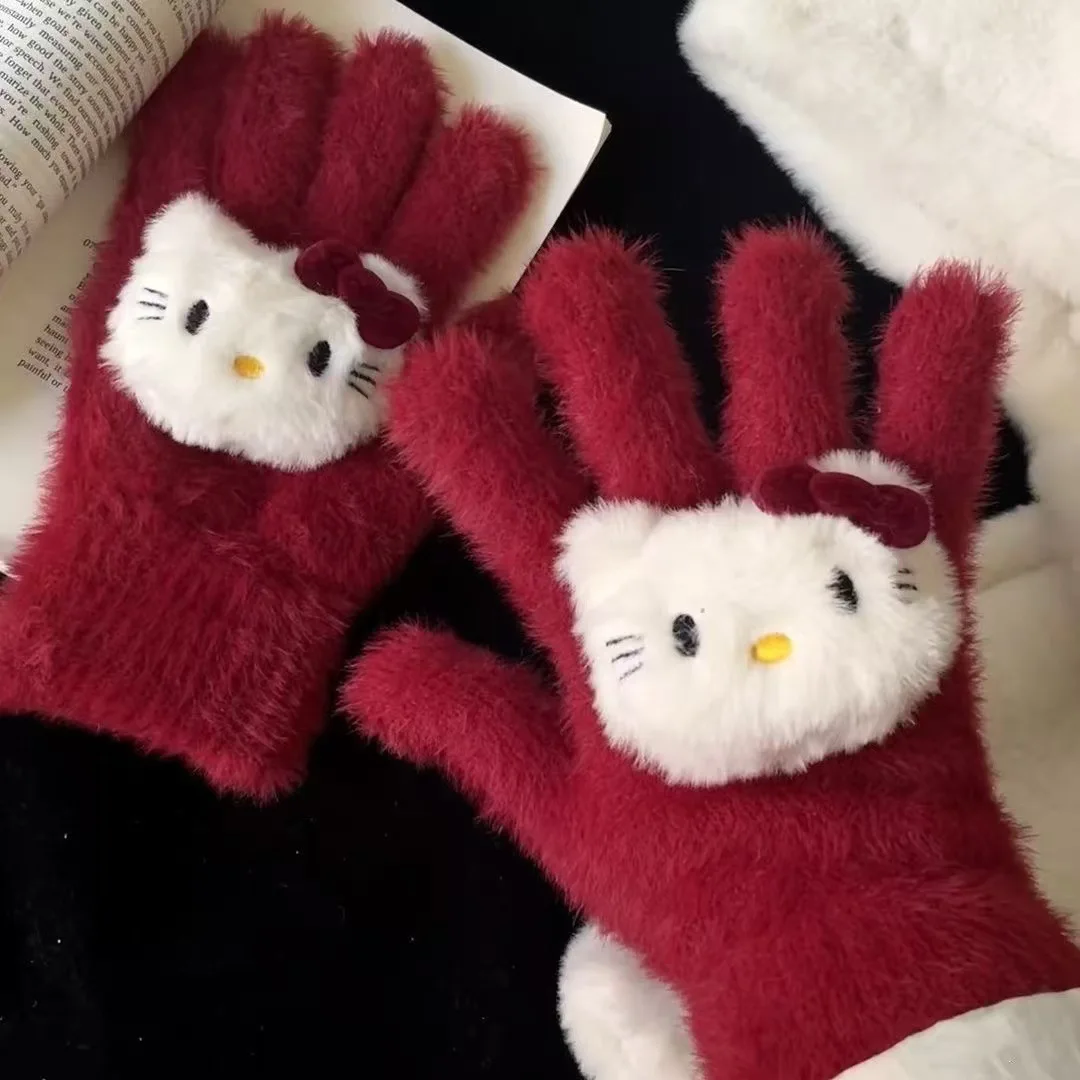 

Hello Kitty Christmas coral fleece red girl gloves, warm and creative birthday gift for friends, official merchandise.