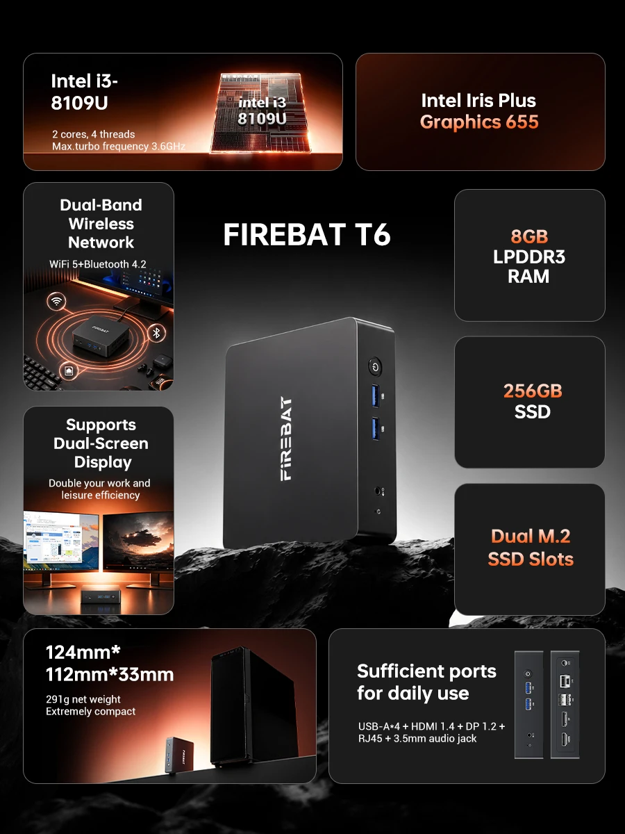 Firebat T6 Mini PC intel i3 8109U LPDDR3 8GB RAM M.2 SATA 256GB SSD WiFi5 BT4.2 1000M Lan Portable Windows11 Desktop Computer