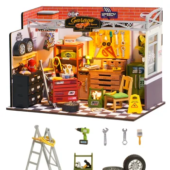 Miniature Garage Workshop Dollhouse Kit with LED Lights