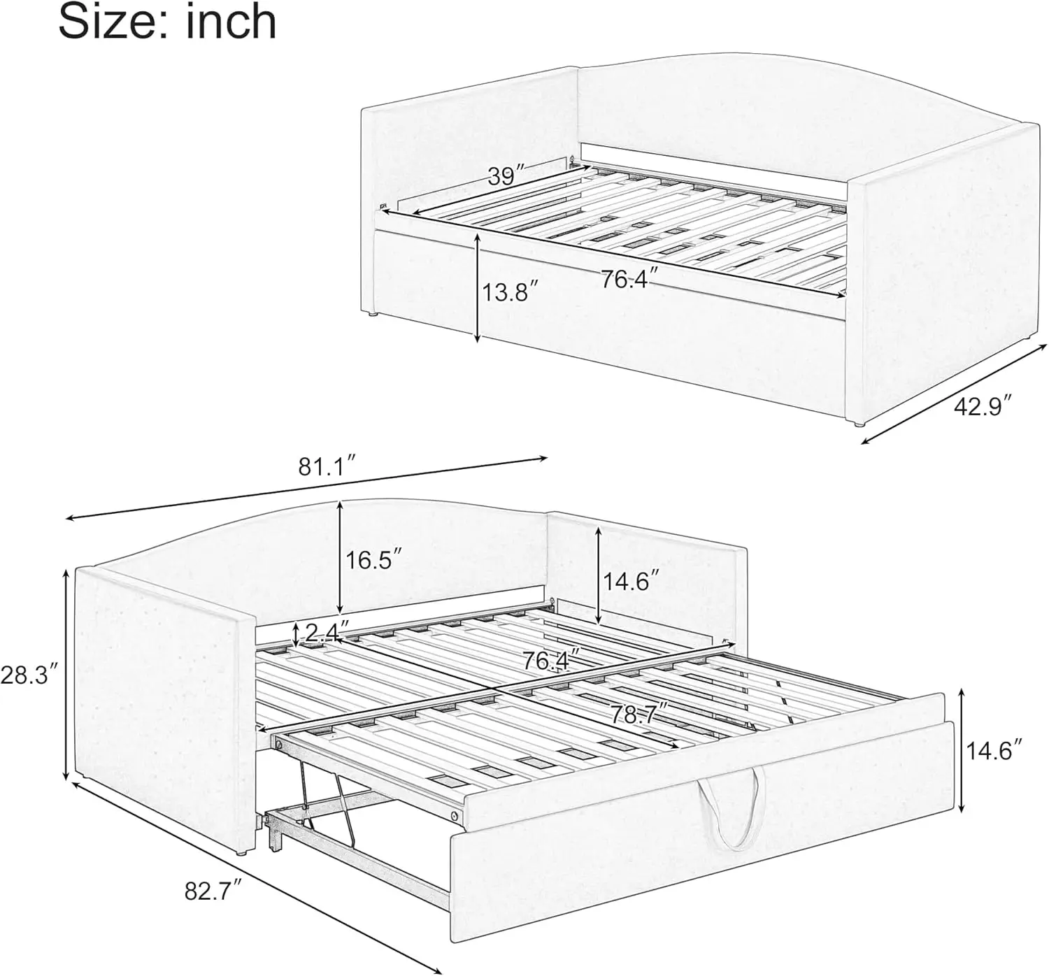 Flieks Twin Size Daybed with Extended Pop Up Trundle,Velvet Upholstered Sofa Bed Daybed with Soft Padded Armrests and Backrest