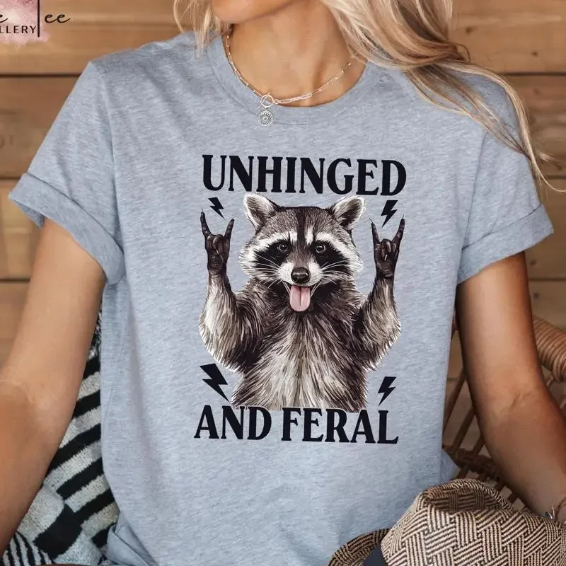 Unhinged And Feral T Shirt Funny Rocking Hand Raccoon Retro Sarcastic Mental Health Cute Girl