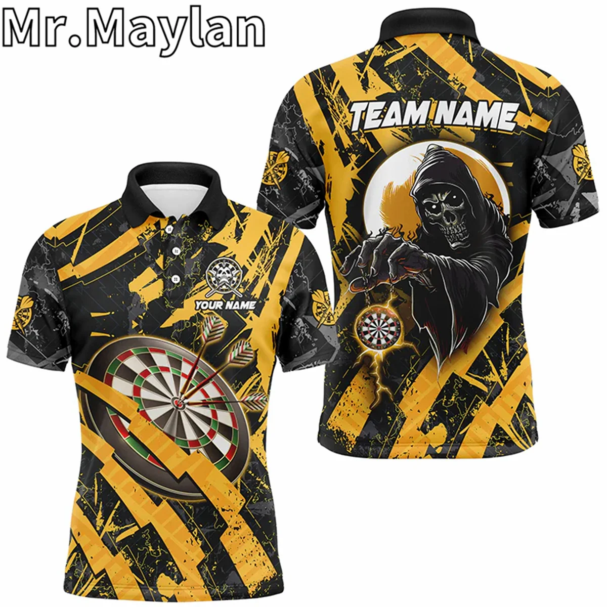 3D Personalized Grunge Yellow Dartboard Skeleton Darts Polo Shirts For Men Custom Cool Darts Team Jerseys Gifts For Darts Lovers