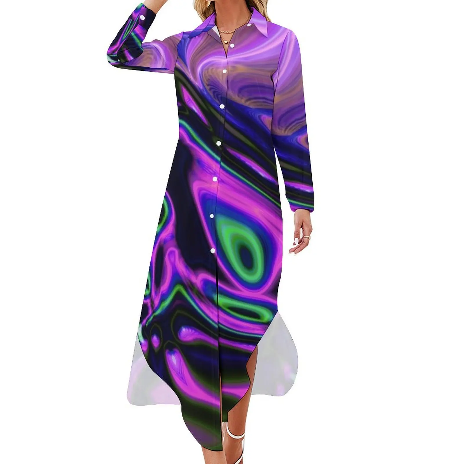 1980s modern girly abstract green purple marble swirls Long Sleeved Shirt Dress prom dress 2024