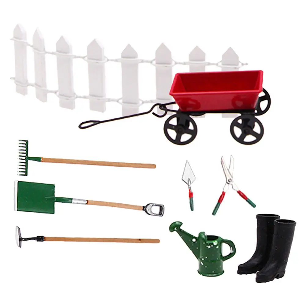 1Set Simulation Garden Tool Kit Miniature Alloy Wood Iron Plastic Materials Mini House Garden Scene Layout Props Creative Micro