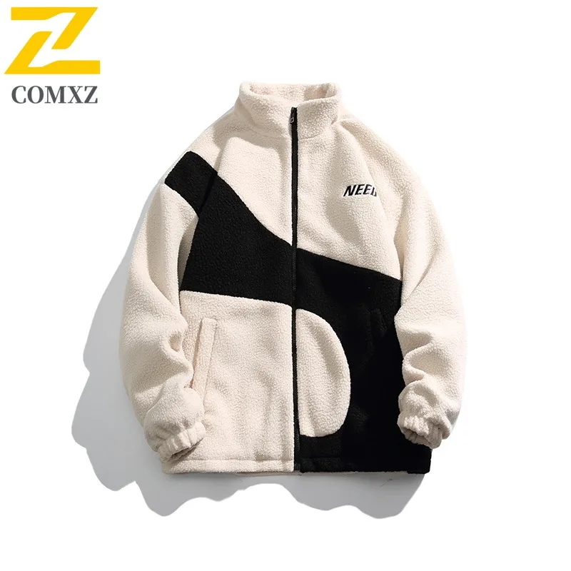 COMXZ 2025 Winter New Sherpa Lined Cotton Jacket Fleece Thick Stand Collar High Street Fashion American Vintage Coat