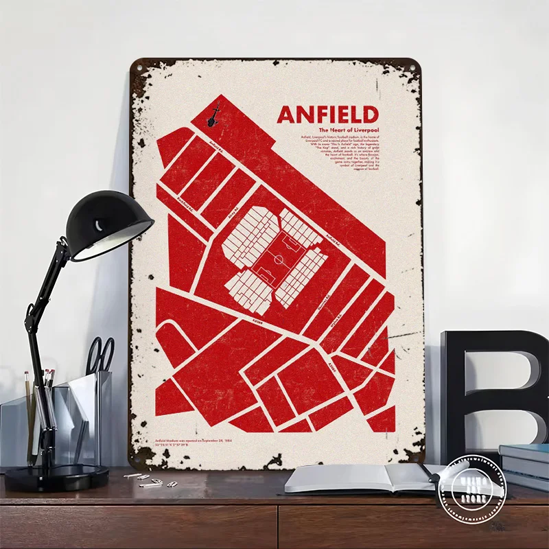 Anfield Stadium Map Art Poster Customized Vintage Metal Signs Wall Art Retro Tin Plaque for Decoration Home Decor Items House