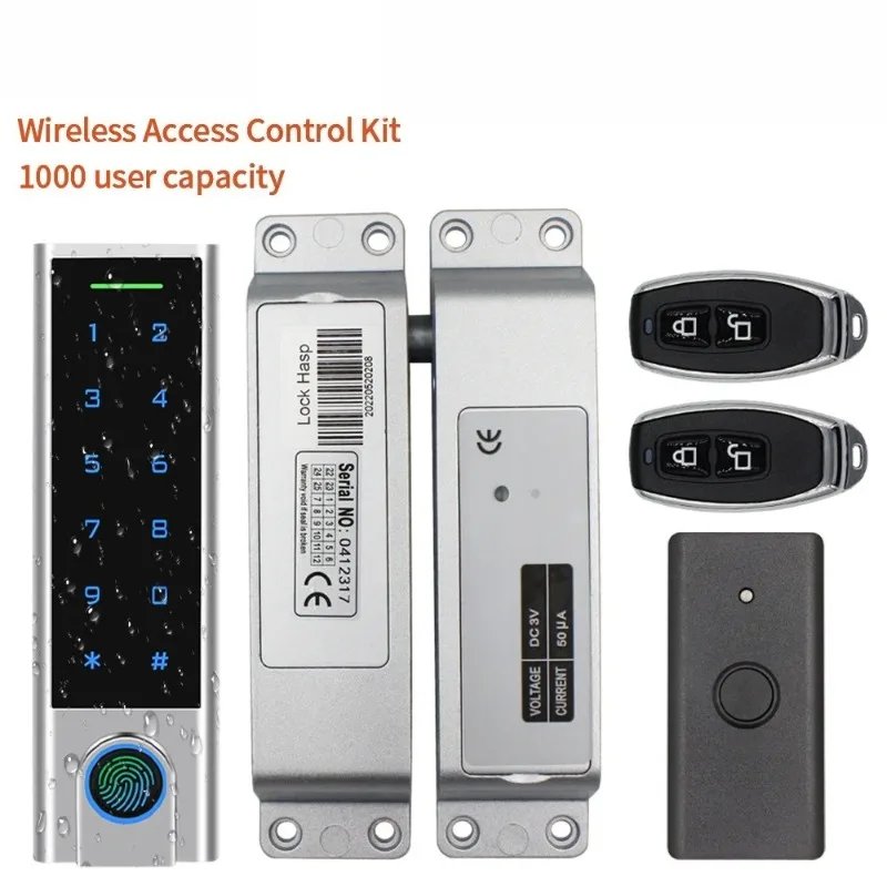 IP65 Waterproof 433Mhz Door Wireless Access Control System Bometrics RFID Keypad+Electric Lock+Exit Button+Remote Control Key