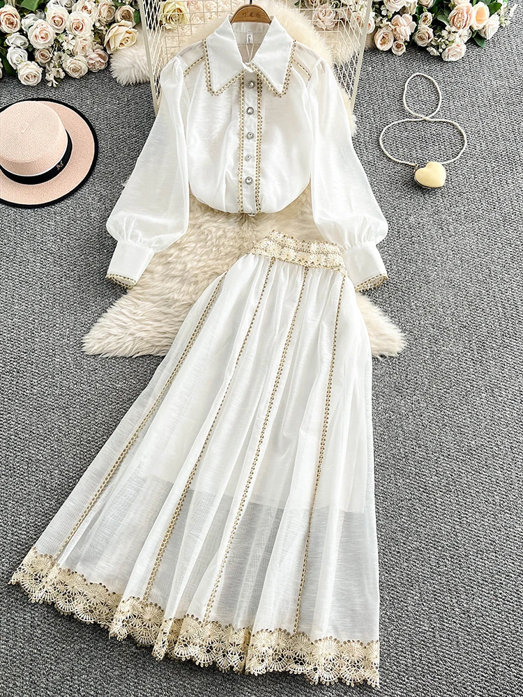 

2025 New Elegant Set Female Lapel Lantern Long Sleeve Sheer Shirt Top High Waist Spliced Lace Edge Slimming Skirt