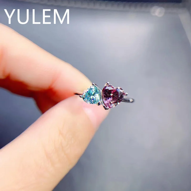 YULEM Heart Shape Lab Alexandrite Stone and Green Moissanite Size 5mm Simple Design for Women Silver 925