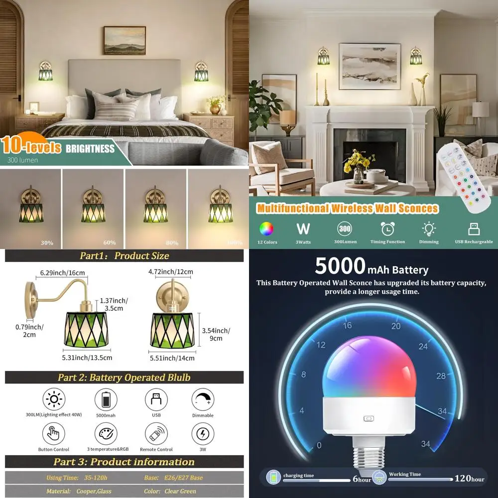 

Пара настенных бра в винтажном стиле емкостью 5000 мАч с батарейным питанием, 12 цветов RGB и регулируемой яркостью, золотая отделка для домашнего декора i