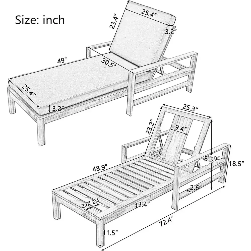 Natural Beige Acacia Wood Outdoor Chaise Lounges with Cushion, Adjustable Backrest for Patio, Porch, and Poolside
