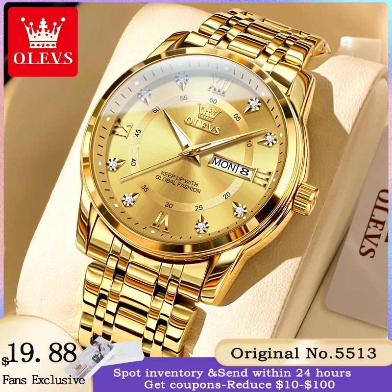 OLEVS 5513 Diamond Men Watch Luxury Waterproof Stainless Steel Double Calendar Business Watch Brand Quartz Watch Relojes Hombre