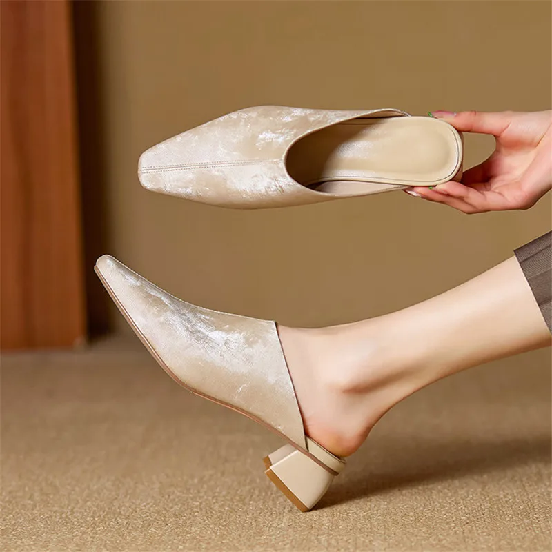 

New Spring/Summer Slippers Split Leather Shoes Square Toe Mules Mid Heels Shoes for Women Fashion Retro Chunky Heel Ladies Shoes