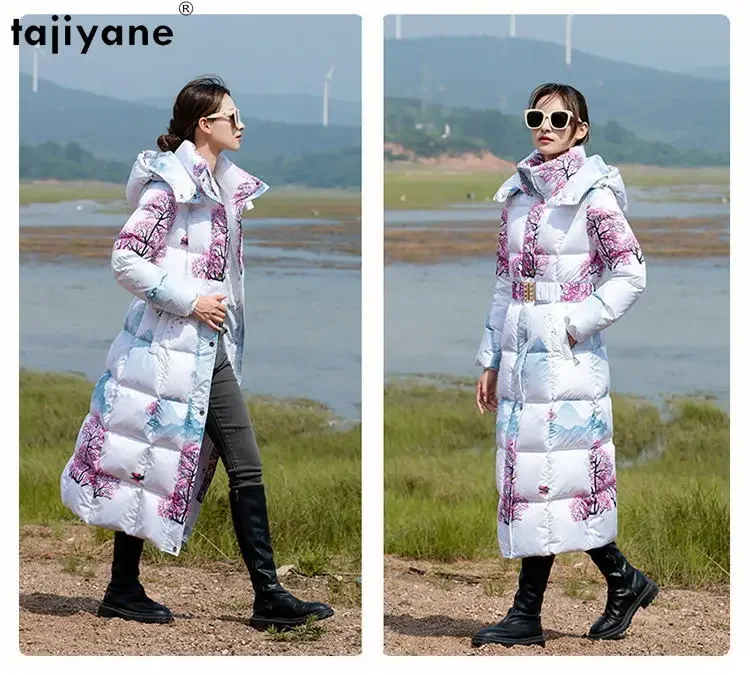 Tajeyane-Chaqueta larga de plumón de pato para mujer, abrigo grueso y ajustado, Parkas con capucha estampadas a la moda, color blanco, 2023, invierno, 95%