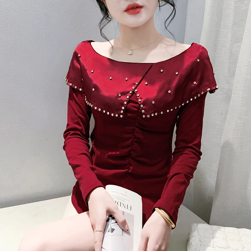 2025,New European Clothes Fall Winter T-Shirt Chic Sexy Off Collar Shiny Beading Patchwork Women's Tops Long Sleeve Tees 49010