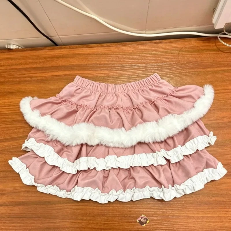 Japanese Kawaii Lolita Style Cake Skirt Women Sweet Plush Patchwork Fluffy Y2k Mini Skirts Y2k Girls Cute A-Line Short Skirts