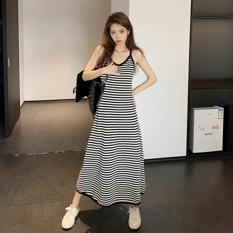 

over the Knee V-neck Striped Spaghetti Straps Knitted Dress Women's Summer Long Slimming Inner Idle Style A- line Long Skirt