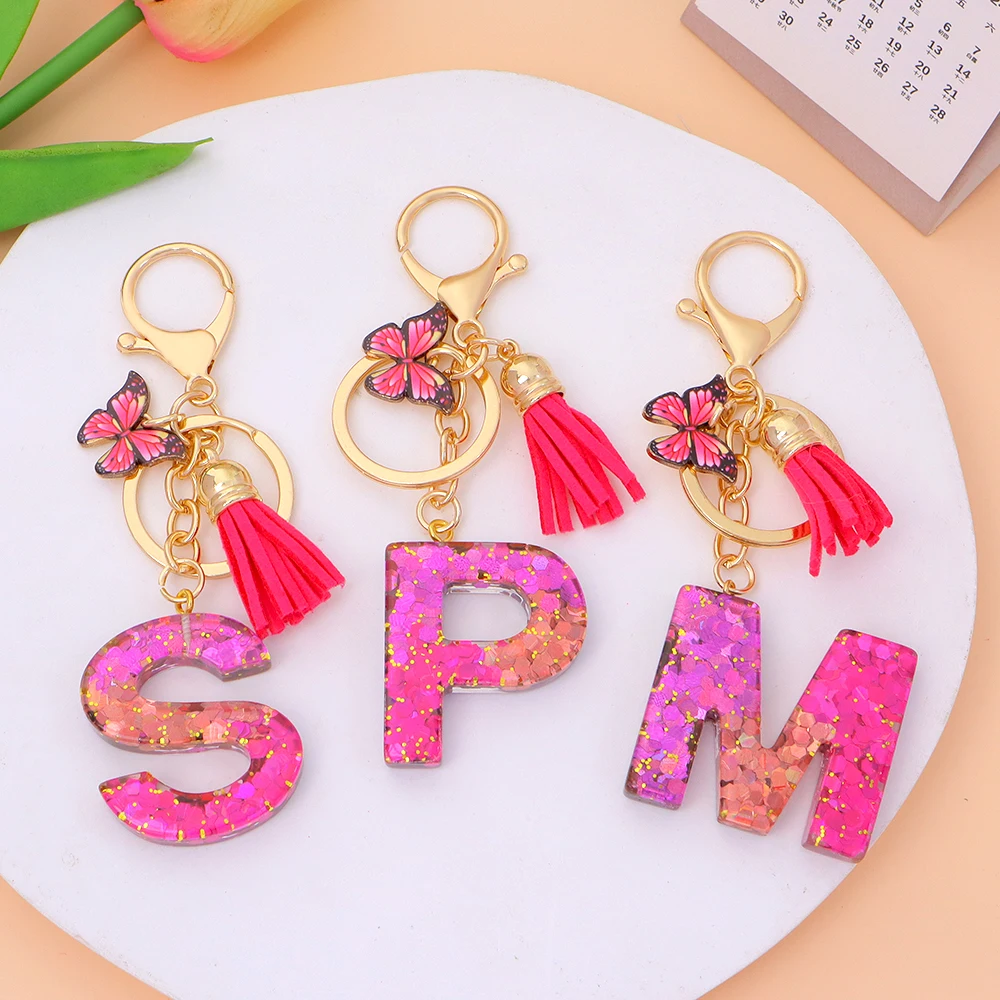 A-Z Christmas Tassel Initials Keychains For Women Girls Resin Letter Handbag Pendants Gradient Red Color Butterfly Key Ring Gift