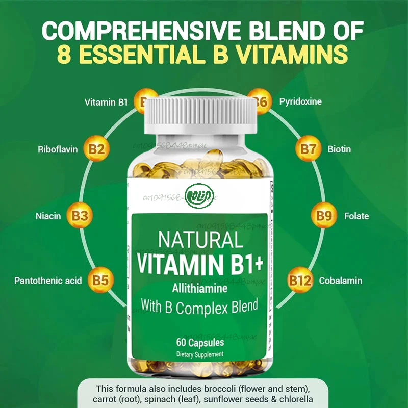 Eight natural vitamin B1, B6, B12 complex supplements, including thiamine, niacin, folic acid, magnesium, etc. -60 capsules