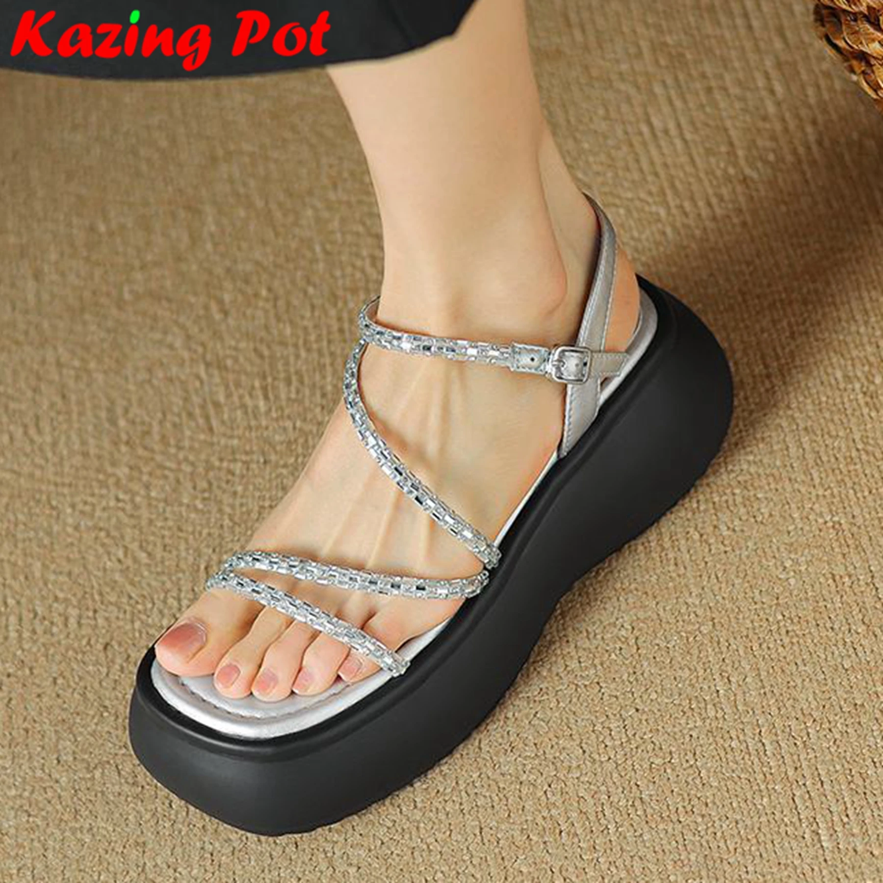 

Krazing Pot Cow Leather crystal Buckle Strap Summer Shoes High Heels Runway Modern Silver Color Casual Platform Women Sandals