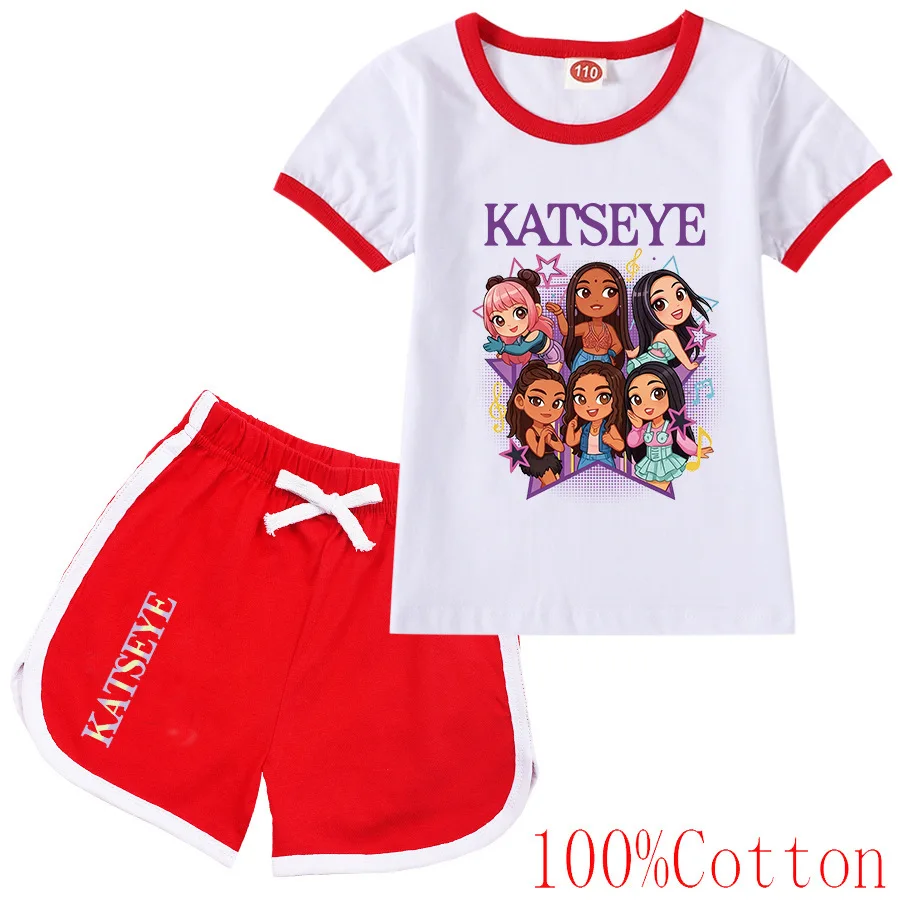 

Katseye Kpop Clothes Kids Cartoon Short Sleeve T-shirt Shorts 2pcs Sets Toddler Girls Outfits Children 2026 Summer Tracksuits
