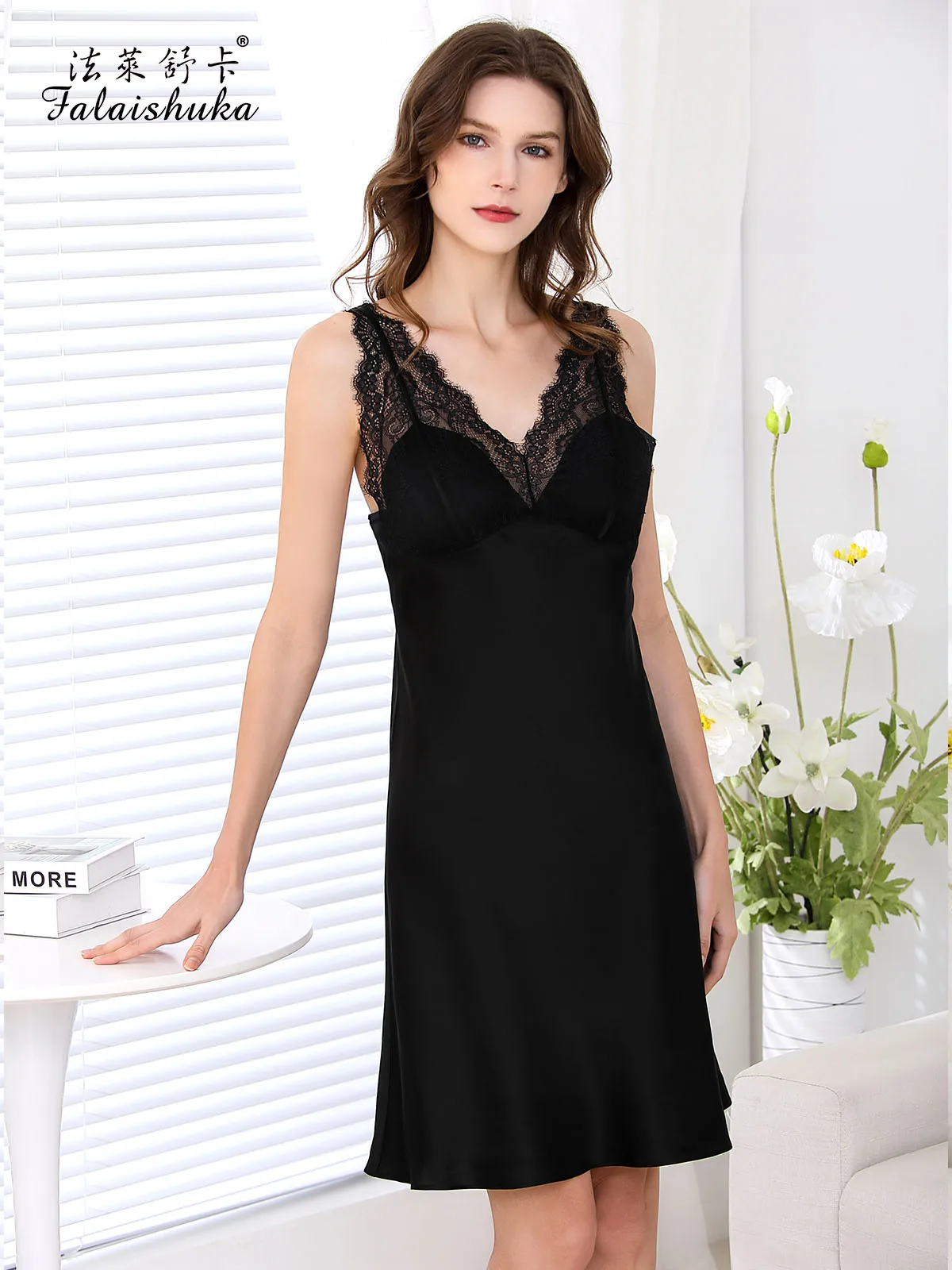 

19 momme 100% Natural silk nightgown women sexy black fashion Spaghetti straps night dress women sleepwear D5001