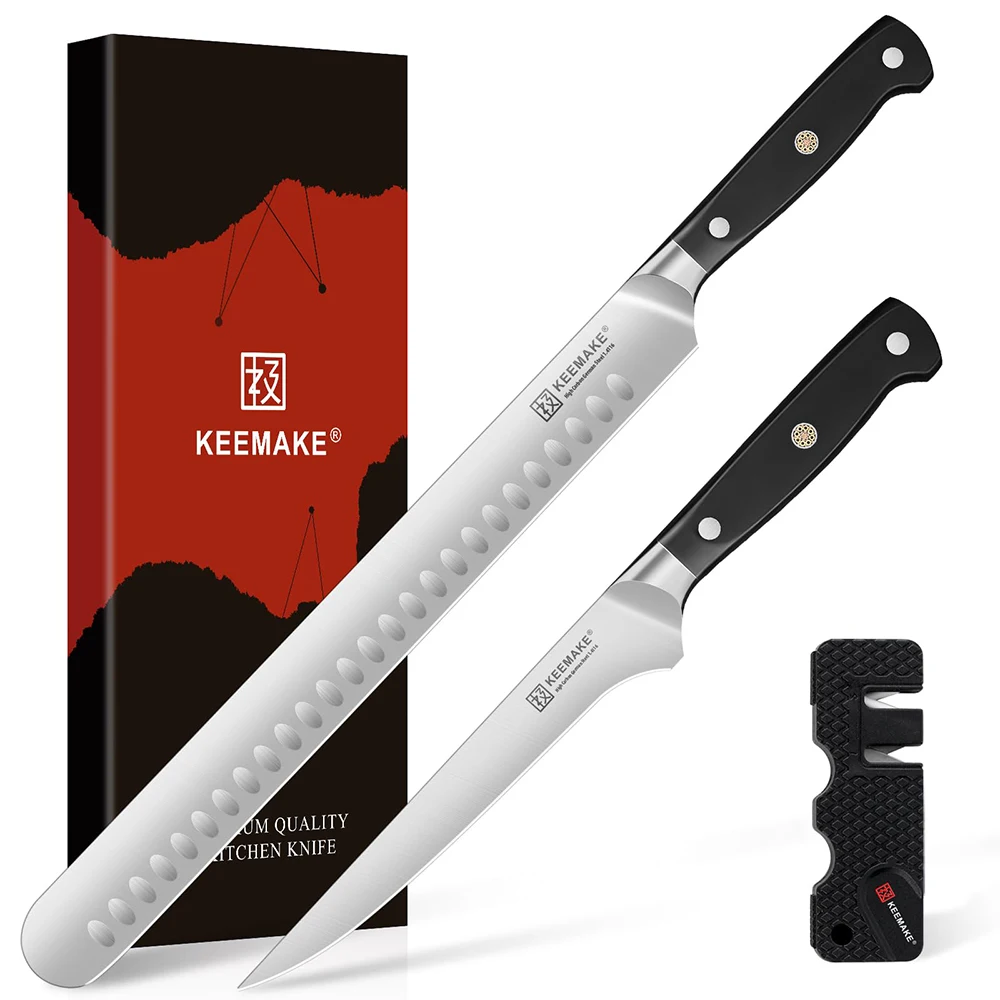 

KEEMAKE BBQ Carving Knives Set 2PCS Brisket Knife and Boning Knife for Meat Cutting Stainless Steel Kitchen Knife for Ham Turkey