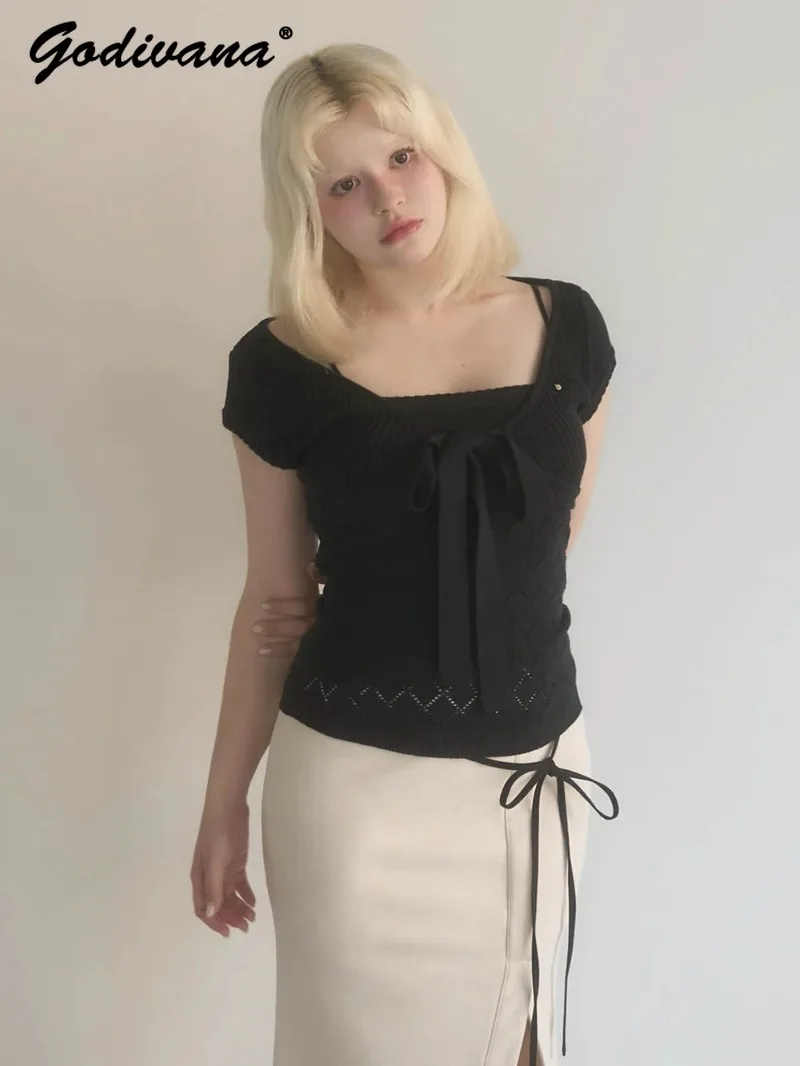 

Japanese New Autumn Sweet Lace-up Knitted Short Cardigan Cape Slim Camisole 2 Piece Set Top Women's Knit T-shirt Tops