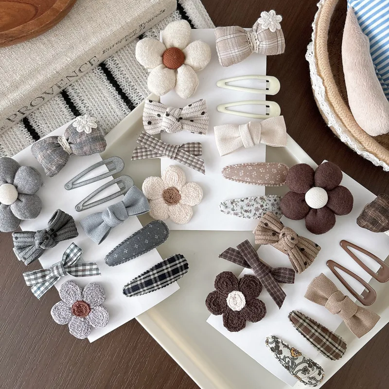 8PC Baby Hair Clips Set Autumn Winter Plaid Bowknot & Flower Prints Snap Clips for Kids Girls BB Barrettes Basic Color Headwear