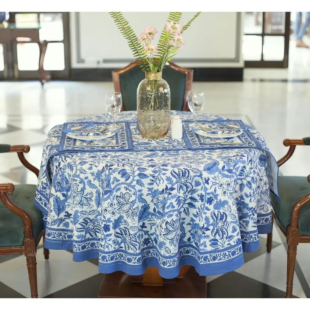 

Round Floral Cotton Tablecloth 72 Inch for 6-Seater Spring Easter Dining, Ideal for Patio Events & Parties, Blue