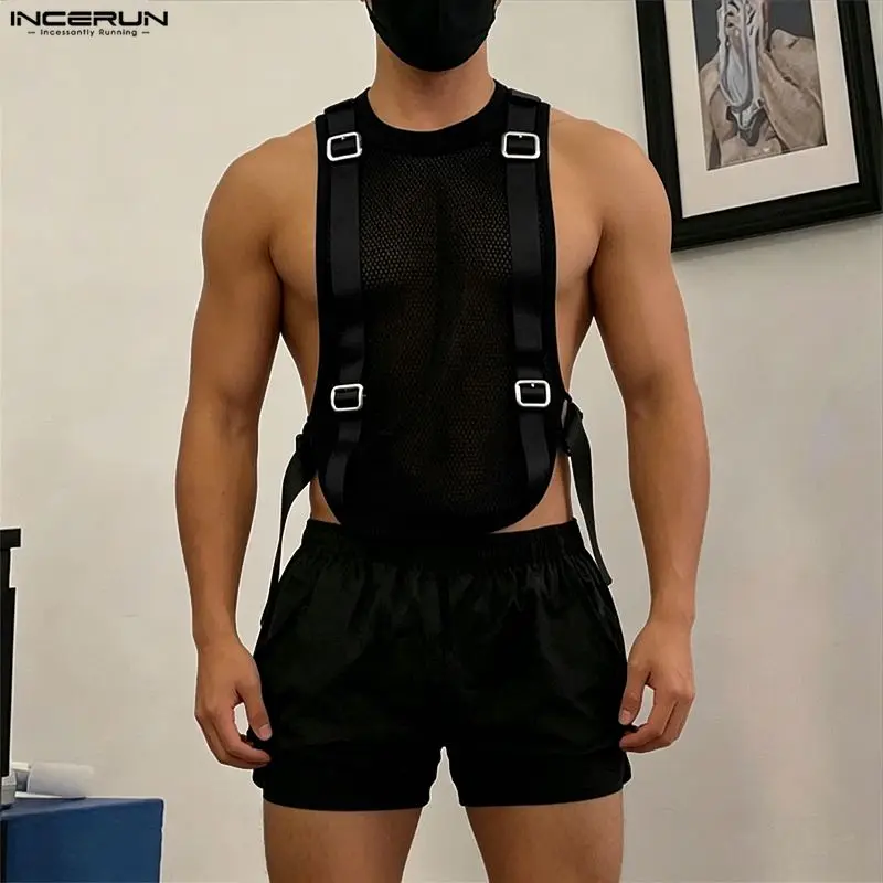 INCERUN Men Tank Tops Mesh Patchwork O-neck Sleeveless Male Vests Summer Streetwear Hollow Out See Through Sexy Men Clothes Tops