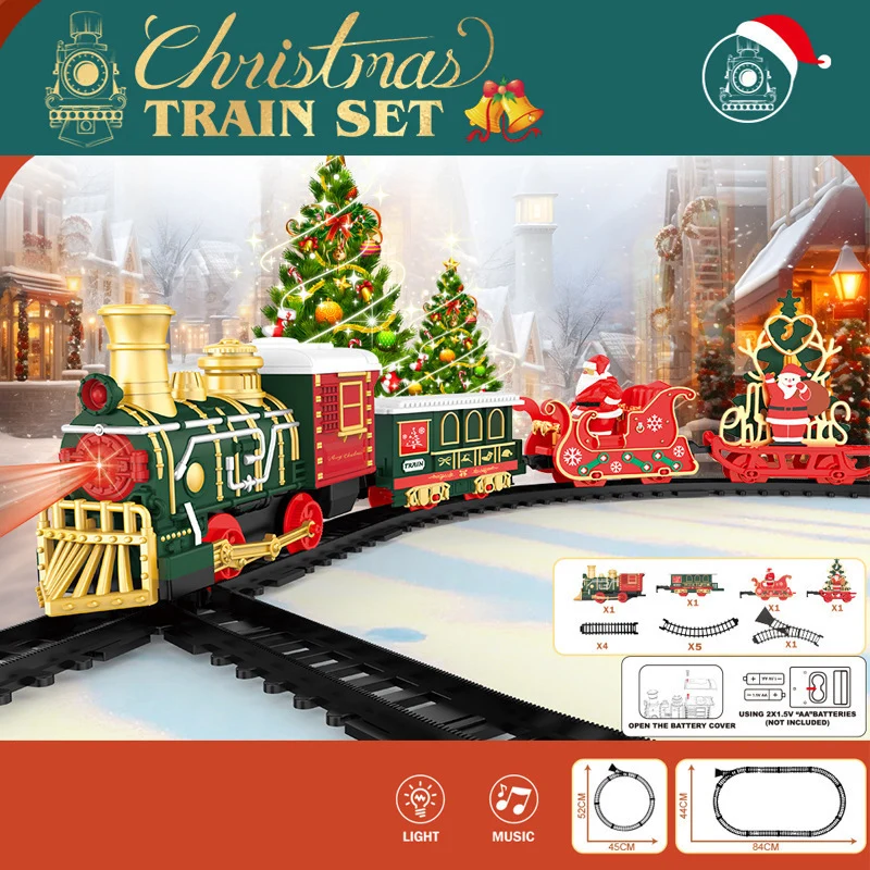 คริสต์มาสไฟฟ้าขนาดเล็กรถไฟชุดของเล่นคลาสสิกรถรางพร้อมไฟและเพลง DIY ASSEMBLY ของเล่นเด็กเด็กใหม่ปีของขวัญ