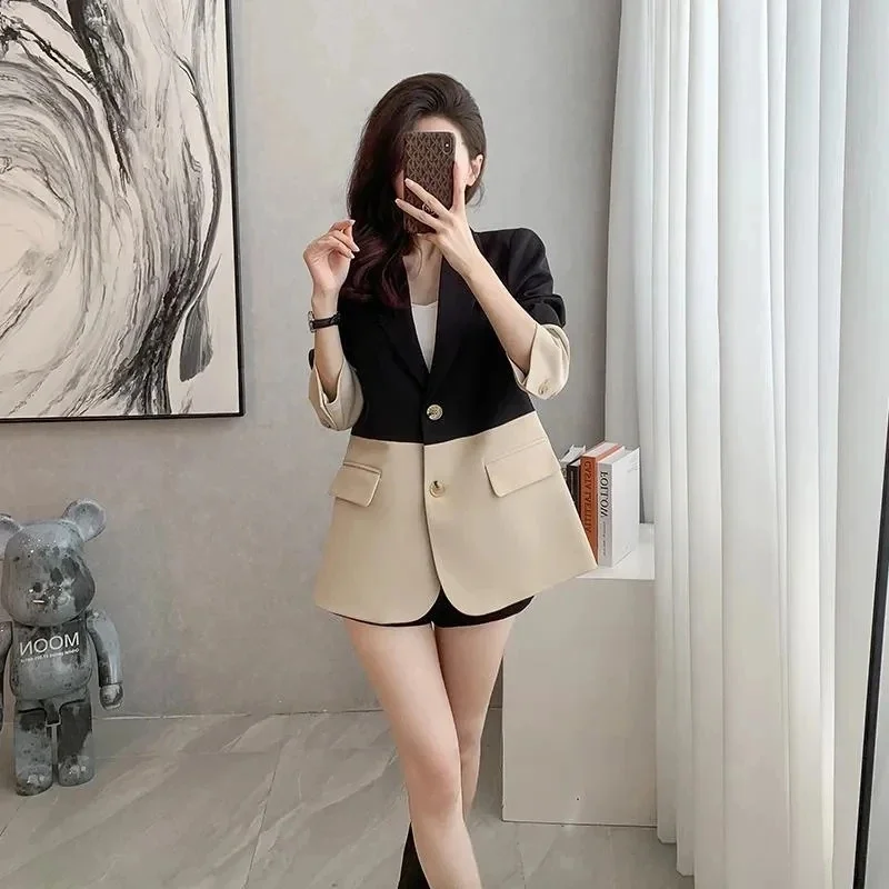 2024 Spring Autumn New Splicing Black Suit Jacket Women Fashion Korean Long Sleeve Blazer Coat Female Casual Blazers Ladies Tops