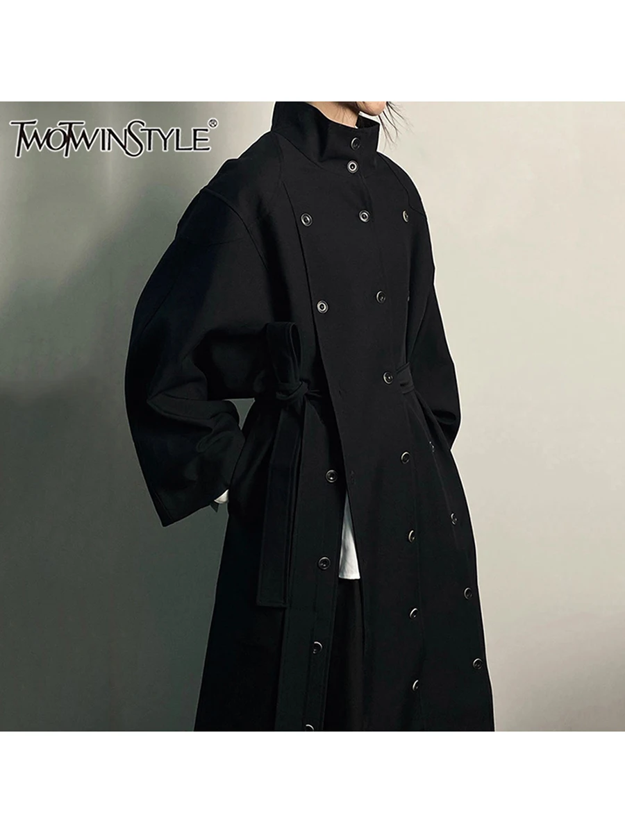 

TWOTWINSTYLE Solid Patchwork Button Chic Jackets For Women Stand Collar Long Sleeve Loose Long Coats Female Fashion Clothes New