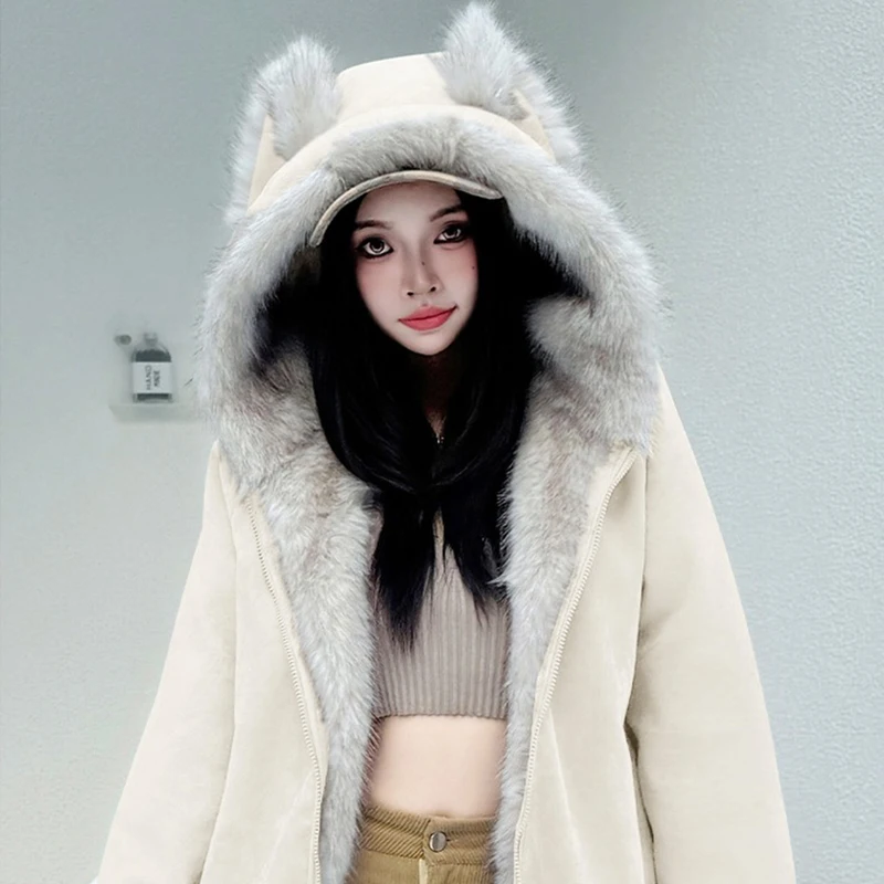 

Korean Fashion Plush Hooded Cotton Jacket Women's Autumn Winter New Thickened Warm Cotton Coat Sweet Cute Loose Zipper Outerwear