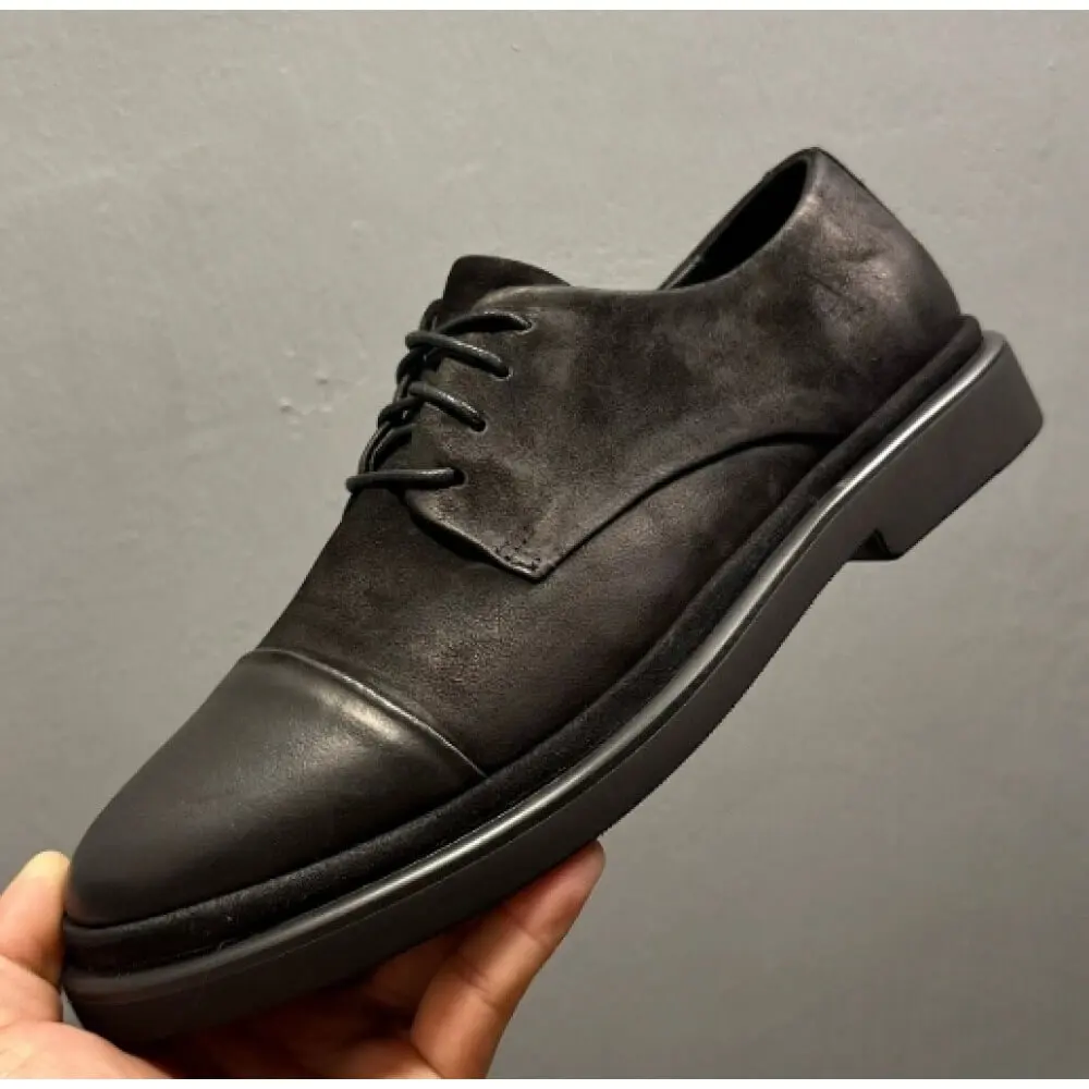 Burnished Black Leather & Suede Derby Shoes, with polished toe cap and matte upper