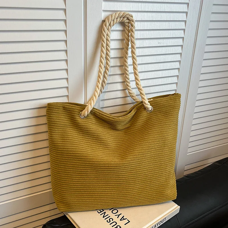 

2025 модная вельветовая сумка-тоут для женщин, минималистичная дизайнерская роскошная сумка на плечо в японском стиле, повседневная большая сумка с веревочной ручкой