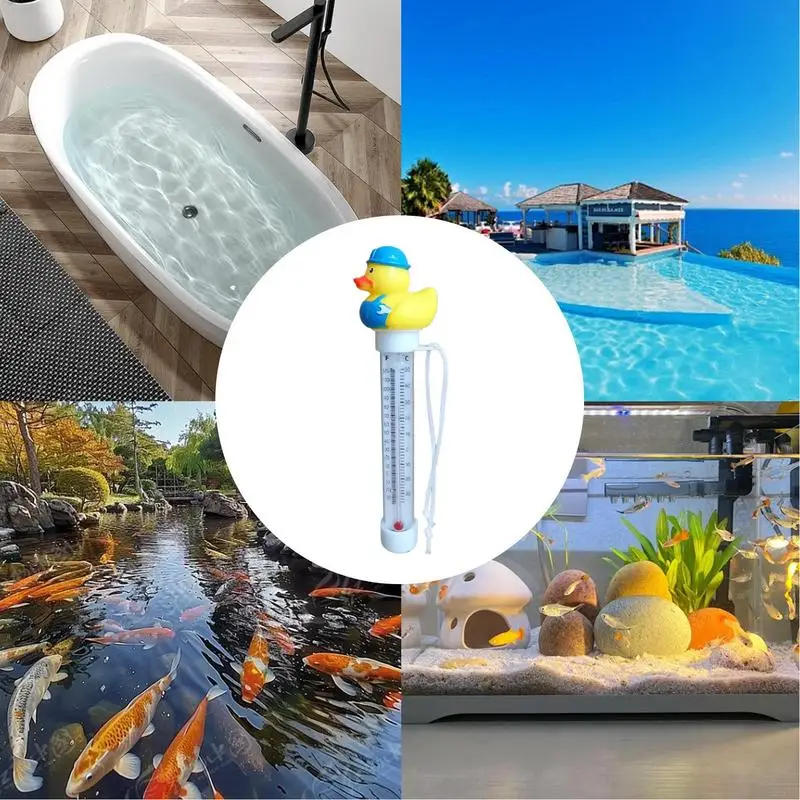 مقياس درجة الحرارة العائم على شكل بطة مطاطية لحمام السباحة، مقياس درجة الحرارة الدقيق مع سلسلة للسباحة في الهواء الطلق والداخلية