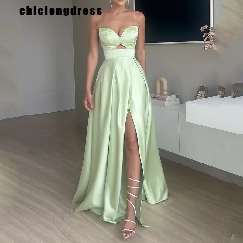 

Summer Sexy Strapless Slit Evening Dress Women Fashion Solid Strapless High Waisted Party Dress Women