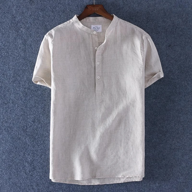 Schinteon New 100% Pure Linen Summer Casual Shirt Men Breathable Stand Collar Short Sleeved Pullover Shirt