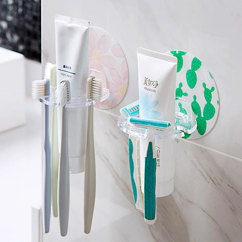 Self Adhesive Toothbrush Holder Wall Mounted No Drilling Toothpaste Razor Storage Rack Toothpaste Dispenser Bathroom Accessories