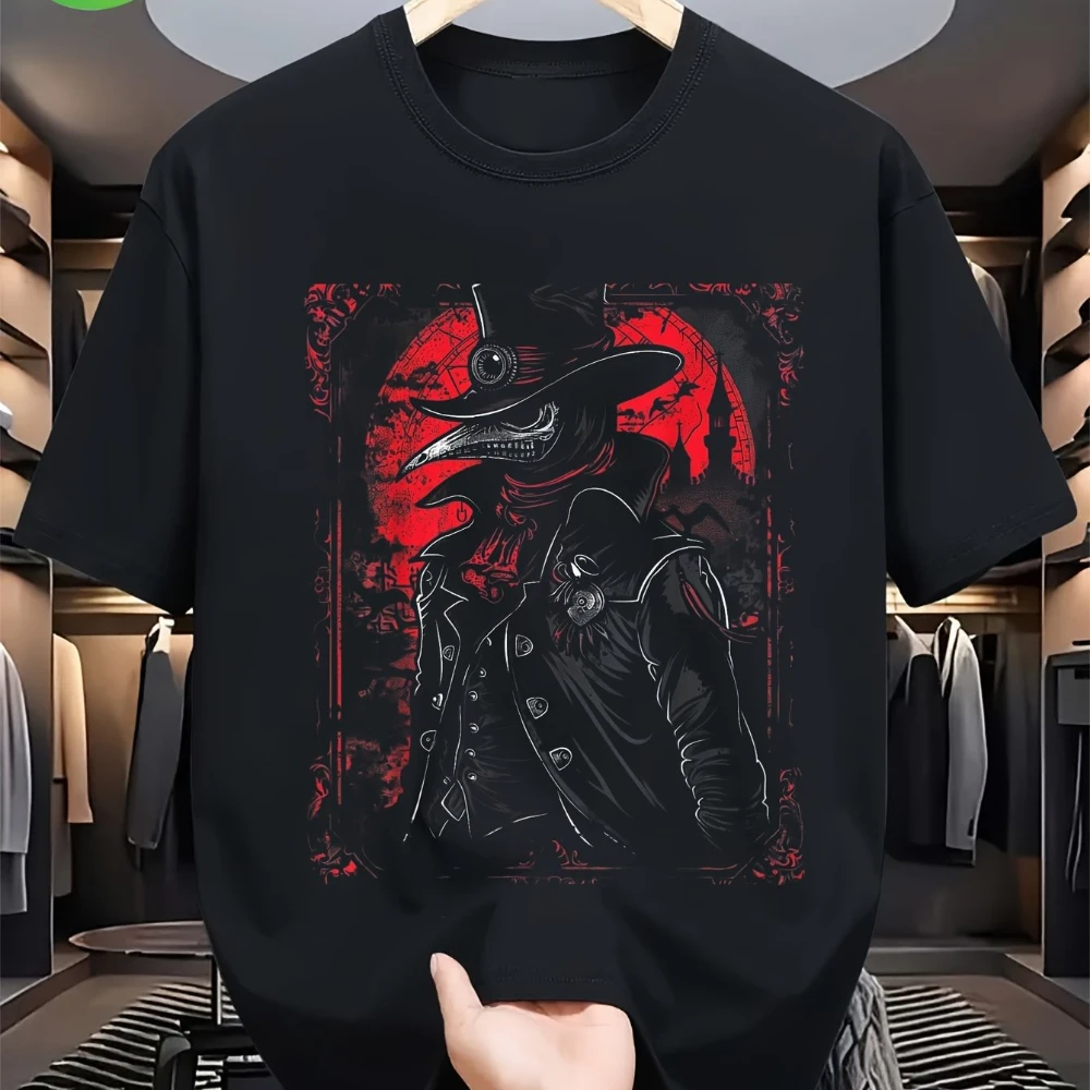 Camiseta Gótica de Doctor de la Peste para Hombre, 100% Algodón, Suave y Transpirable, Negra con Estampado de Cruz de Doctor de la Peste Roja, Estilo Renacentista