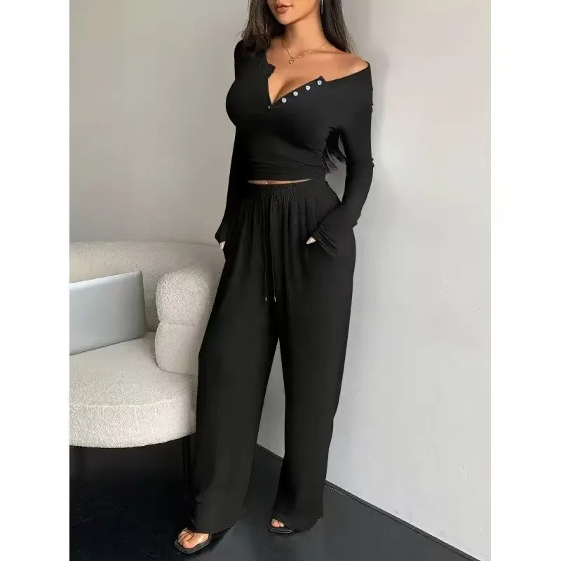 

Women's Pajamas Sexy Tight-fitting Button V-neck Long-sleeved Drawstring Long Trousers Two-piece Set Casual Simple Homewear