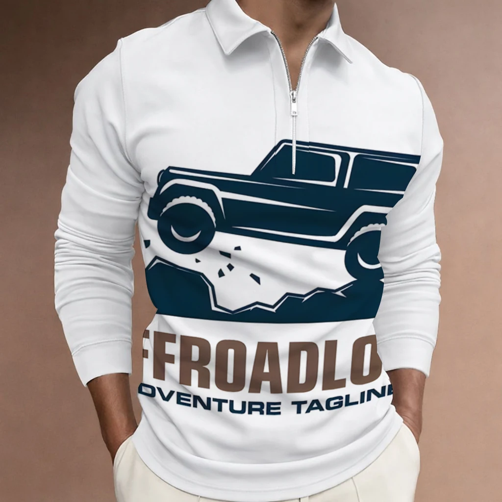

Men's Polo shirt with jeep letter collar and 3D printed pattern. Street style long-sleeved casual luxurious men's clothing for s