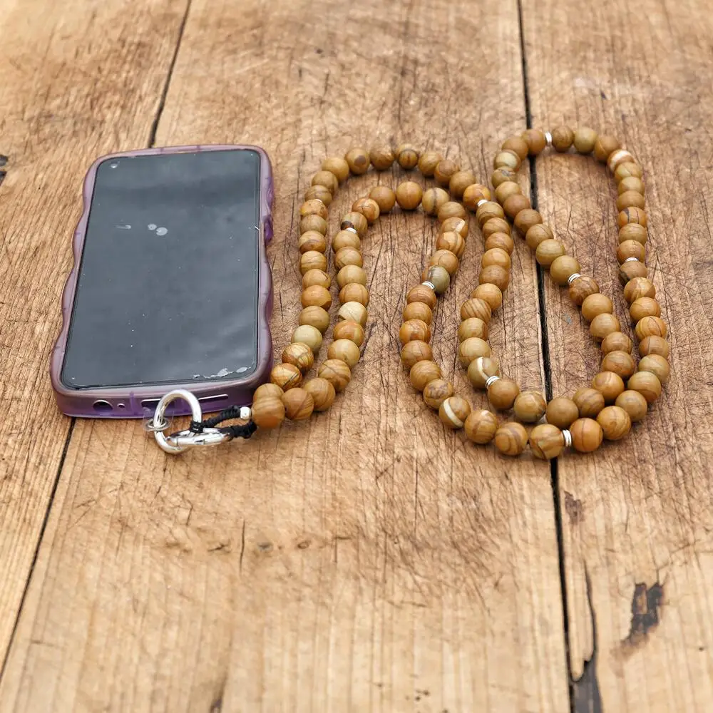 120CM Wood Grain Beads Pendant Necklace Vintage Phone Chain Mobile Phone Lanyard Bag Chain Cell Phone Strap Hanger Accessories