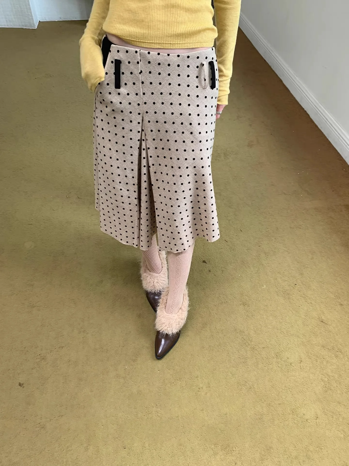 

Юбка-рыбка с нерегулярным узором в горошек, с завышенной талией, А-силуэт, шерстяная, женская, винтажная, повседневная, свободного кроя, зимняя, модная