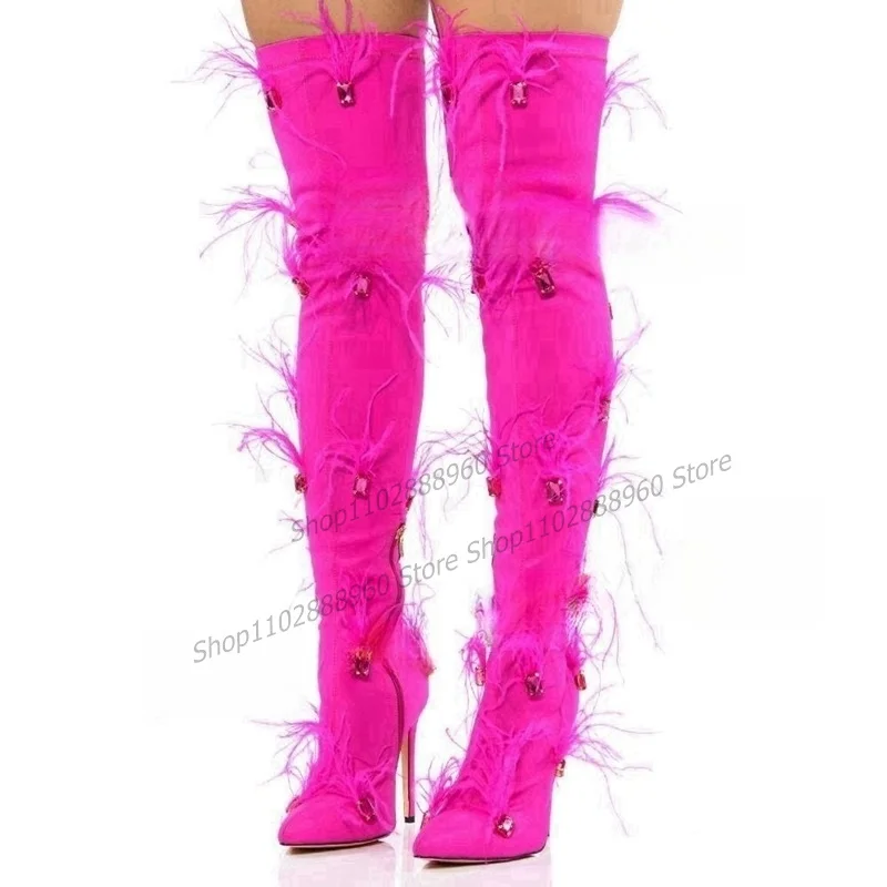 Rose Red Thigh High Crystal Feather Decor Boots Thin High Heel Women Shoes Side Zipper Pointed Toe 2023 Sexy Zapatos Para Mujere