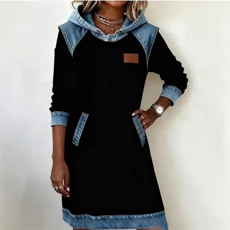 

2025 New Fashion Printed Hooded Denim Sweatshirt Women Autumn Casual Loose Color Block Long-sleeved Top For Women