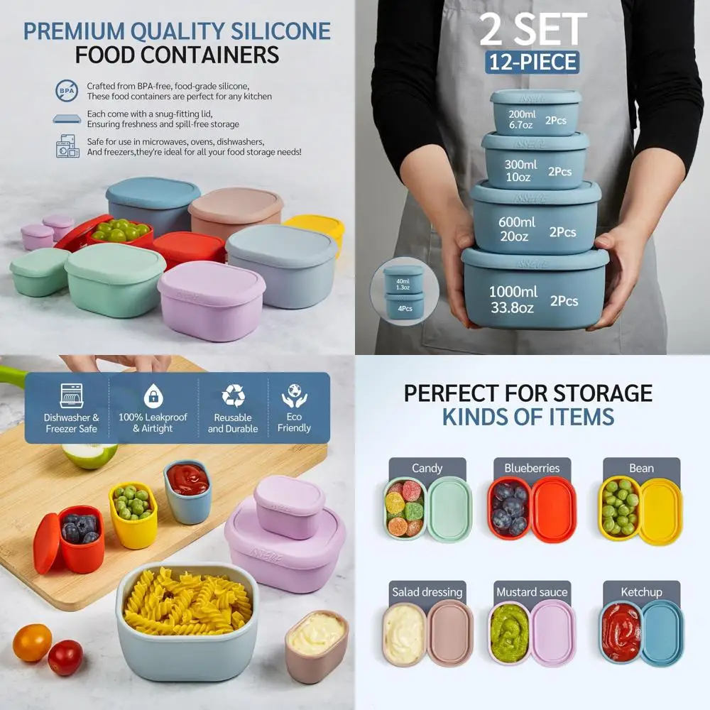 

Set of 12 Stackable Silicone Food Containers with Lids, BPA-Free, Reusable, Airtight, Dishwasher and Freezer Safe (33.8oz, 20oz,